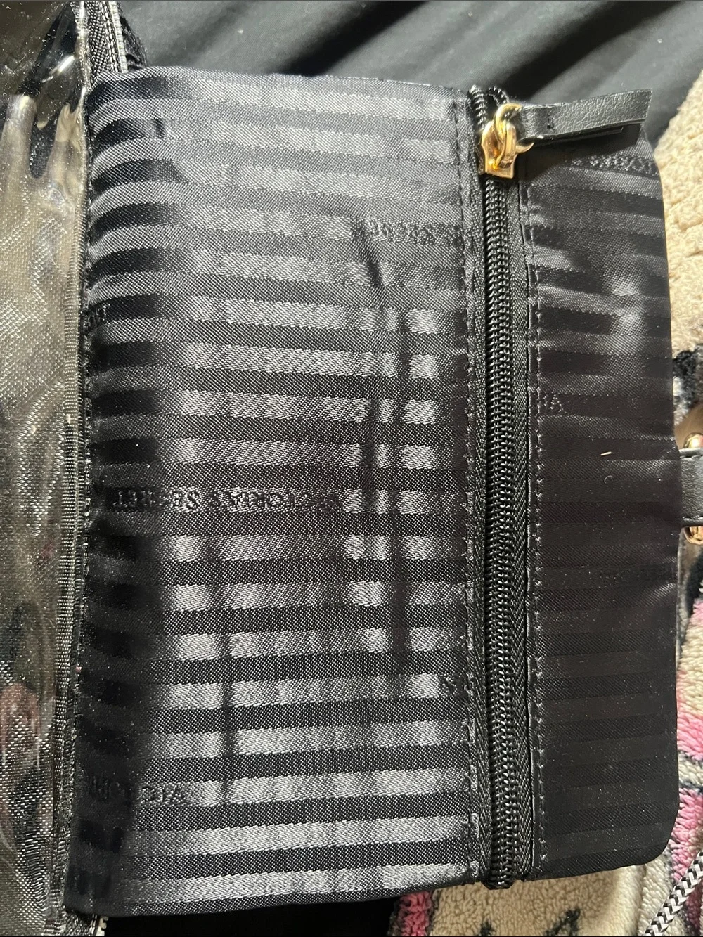 Victoria's Secret Black Lace Cosmetics Bag with Gold Logo Accent